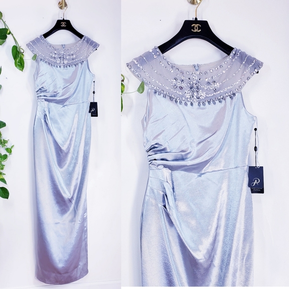 $299 NWT ADRIANNA PAPELL Women's Silver Maxi Dress 4 SMALL Mesh Beaded Ruched - Picture 5 of 12
